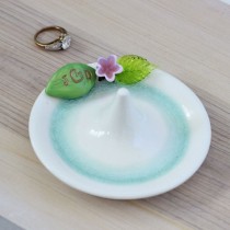 wedding photo - Blush pink wedding ring holder, pink flower monogram engagement ring dish, green leaves