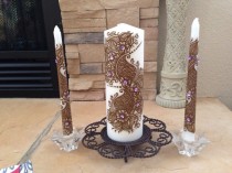 wedding photo - Wedding Unity Candle Set,Pillar Candle with Henna Design Hand painted, Modern Candle Art