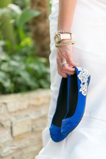wedding photo - Wedding Flats - Cobalt Blue Bridal Ballet Flats, Wedding Shoes, Blue Flats With Ivory Lace. US Size 8.5