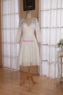 wedding photo - Lace short wedding dress with 3/4 sleeves, knee length wedding dress, Vintage short wedding dress,  low back wedding dress