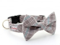 wedding photo - Plaid Flannel Dog Collar (Grey, Gray, Turquoise, White) (Matching Plaid  Bow Tie Separately)