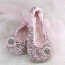wedding photo - Ballet Flats, Wedding, Bridal, Shoes, Lace Up, Flats, Flower Girl, Ballerina Slippers, Flats, Pink, Grey, Lace, Crystals, Organza