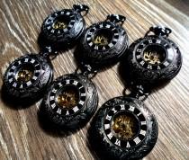wedding photo - Set of 6 Pocket Watches Black Roman Mechanical with Vest Chains Groomsmen Gift Grooms Corner Best Wedding Party Keepsake