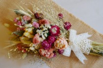 wedding photo - Beautiful Dried Wedding Bouquet of Pink Peonies Larkspur Coxcomb Globe Amaranth Strawflowers  - For Wedding or Home Decor - Made to Order