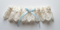 wedding photo - Ivory Garter with Light Blue Ribbon Bow and Margarita Crystal Center, Now Also Available in White - The Petite ALICIA Garter