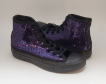 wedding photo - Ready to Ship WMNS Size 6.5 Sequin Dark Purple on All Black Converse Hi Top Sneakers Shoes