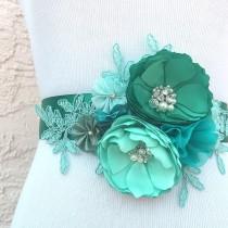 wedding photo - Jade Mint Sea Foam Green Blue Flowers with Swarovski Sew on Crystals & Pearls Sash for a Bride, Bridesmaid Special Event