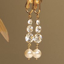 wedding photo - Rhinestone and Swarovski Pearl Gold Clip On Earring, Clipon Earring, Long Dangle Earring, Wedding Earring, Bridal Earring, Clip Earring