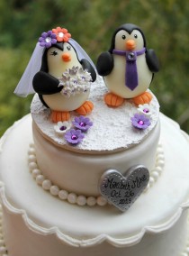wedding photo - Penguin wedding cake topper, love birds with snow base and banner, winter wedding