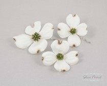 wedding photo - 3 Dogwood Hair Flowers - Real Touch Off White/ Ivory/ Cream Dogwood, brown edging, natural green centers . Bobby Pins