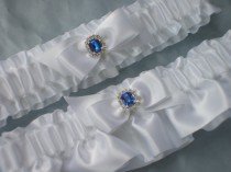 wedding photo - White Royal Blue Rhinestone Accent Bridal Garter Set