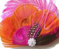 wedding photo - MARDI GRAS Pink and Orange Peacock Feather Hair Fascinator Clip Perfect for a  Bride or Bridesmaid