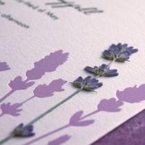 wedding photo - Lavender Field - Pressed Flower Letterpress Wedding Invitation - Lavender/cocoa On Pearl