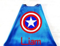wedding photo - Super Hero Cape, Kids Cape Embroidered Captain America Logo Personalized with Name Royal Blue