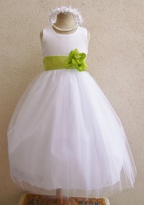 wedding photo - Flower Girl Dresses - WHITE with Green Lime (FD0RBP) - Wedding Easter Junior Bridesmaid - For Baby Infant Children Toddler Kids Teen Girls