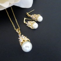 wedding photo - Gold Wedding jewelry set, Gold pearl drop necklace and earrings, Gold crystal necklace and earrings, Bridal jewelry set, Gold jewelry set
