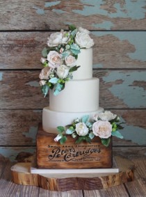 wedding photo - White Peonies And Roses Rustic Wedding Cake