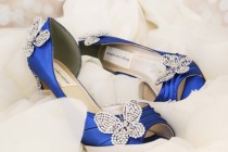 wedding photo - Wedding Shoes -- Royal Blue Kitten Heel Peep Toe Wedding Shoes with Silver and Blue Crystal Heel, Crystal Butterflies and Message on Sole