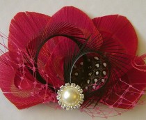wedding photo - CHOCOLATE CHERRIES Red Peacock Hair Clip Peacock Wedding Hair Fascinator Clip with Pink Netting and Rhinestone Pearl