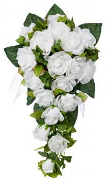 wedding photo - White Silk Rose Cascade - Silk Bridal Wedding Bouquet