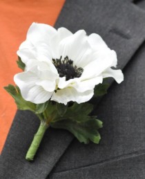 wedding photo - Wedding Flowers, White silk anemone with black center boutonniere.