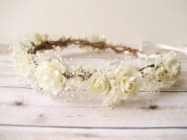 wedding photo - Baby's breath flower crown, Rustic wedding hair accessories, Bridal headpiece, Ivory wreath, Floral headband - MERINGUE