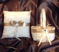 wedding photo - custom made satin pillow and basket champagne and ivory lace
