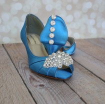 wedding photo - Wedding Shoes -- Turquoise Peep Toe Wedding Shoes with Rhinestone Applique and Rhinestone Buttons