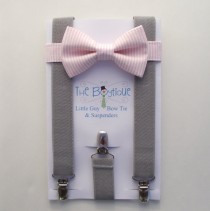 wedding photo - Pink Bow Tie and Suspenders, Pink Stripe Bow Tie and Light Grey Suspenders, Toddler Suspenders, Peony, Carnation, Ring Bearer Gift