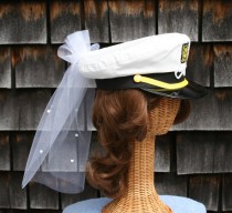 wedding photo - Bridal CAPTAIN'S Hat with Veil - trimmed with HEARTS perfect for Nautical Bachelorette Party, Destination Wedding or Honeymoon ... #200-VH