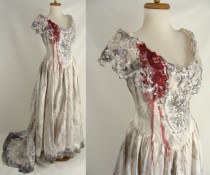 wedding photo - upcycled Distressed Bloody Vampire Bride Wedding Dress with Veil Gown Zombie Halloween Costume 12 L