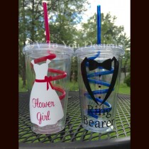 wedding photo - Ring Bearer Gift - Flower Girl Gift - Tumbler Cup - 16 ounce clear tumbler with pink or blue curly straw BPA free for kids in wedding party