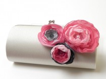 wedding photo - Ivory Gray Pink Bridal Clutch or Bridesmaid Bouquet Clutch - Kisslock Snap Frame - Rosey with a chance of Rain