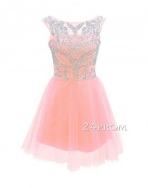 wedding photo -  Pink A-line Round Neck Tulle Short Prom Dress, Homecoming - 24prom