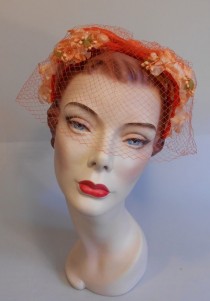 wedding photo - Tropical Citrus Wedding - 1950s Tangerine & Mango Floral Buds Bandeau Half Hat Fascinator w/Veil