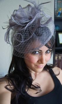 wedding photo - Lavender Fascinator - "Noor" Lavender & Gray Fascinator Hat Headband w/ Ribbon waves a gray birdcage veil