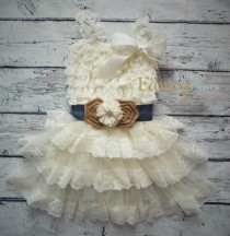 wedding photo - Country Flower Girl Dress, Ivory Burlap and Denim Lace Dress, Cowgirl Dress, Rustic Flower Girl Dress, Ivory Lace Dress, Cowgirl dress
