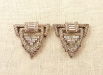 wedding photo - Stunning Antique French Art Deco Sterling and Paste Pave Dress Clips Pair