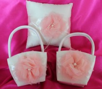 wedding photo - 2 Ivory or White Flower Girl Baskets and 1 Pillow Ring Bearer Pillow-Blush/Apricot-Custom Colors