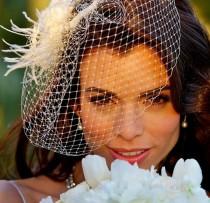 wedding photo - Bridal Fascinator and Birdcage Veil, Wedding Flower Hairclip, Feather Hair Accessories, RACHEL VIVA (2 items)