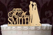 wedding photo -  Custom Wedding Cake Topper Monogram Personsalized Silhouette With Your Last Name, wedding date, Rustic Wedding Cake Topper - Bride and Groom