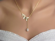 wedding photo - Gold Triple Orchids Teardrop Pearl Lariat Necklace- elegant romantic bridal jewelry, bridesmaids gifts, available in silver.