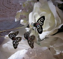 wedding photo - Wonderland Flutterby Butterfly Victorian Hat Pin With Bling, Bridal Bouquet Accessory, Floral Arrangement Accessory, Wedding Day Memento