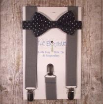 wedding photo - Navy Bow Tie and Suspenders: Navy Polka Dot Bow Tie and Grey Suspenders, Toddler Suspenders, Baby, Kids, Wedding, Ring Bearer, Favor, Gift