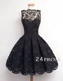 wedding photo -  Black A-line Lace Short Prom Dress, Homecoming Dresses - 24prom