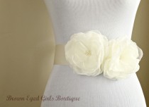 wedding photo - Ivory Bridal Sash, Ivory Wedding Sash, Ivory Wedding Belt - Ivory Chiffon Flowers with Ivory Bridal Ribbon