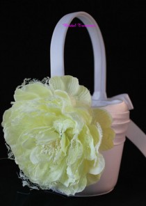 wedding photo - White Satin Flower Girl Basket with Pale Yellow Shabby Chic Flower