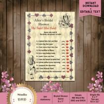 wedding photo - He Said She Said, Printable Bridal Shower Game - Alice in Wonderland Mad Hatter Tea Party - DOWNLOAD Instantly - EDITABLE TEXT in Word