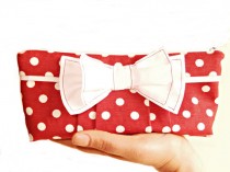 wedding photo - Red Polka Dots Zippered Wedding Clutch with White Bow