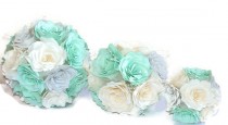 wedding photo -  Bridal bouquet, Mint green, silver and ivory elegant paper Rose bouquet, Can be made in any colors, Keepsake toss bouquet,Bridesmaid bouquet